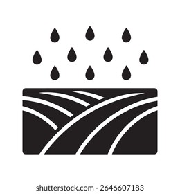 Ícone de irrigação agrícola com gotas de chuva sobre um campo representando tecnologia agrícola regando culturas e crescimento vegetal estimulação vetor ícone de glifo sólido