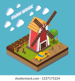 Agriculture isometric composition with growing of vegetable chopping of fire wood and harvesting blue background vector illustration