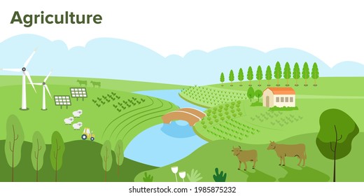 agriculture land farming with wind energy, solar energy, countryside green background and integrated  farming illustration