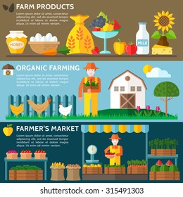 Agriculture landscape with barn house. Organic farming eco concept. Organic milk, farm fresh products, locally grown and organic food. Farmer's Market. Vector Flat style illustration.