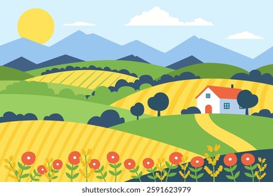 Agriculture landscape. Beautiful landscape of farm fields, green meadows, flowers, trees against the backdrop of mountains. Farm vector illustration.