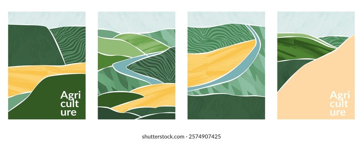 Agriculture landscape field and farm land, abstract vector design of hill and green graphic element. Harvest backdrop, abstract nature poster, agro brochure cover, agri flyer template, paper collage