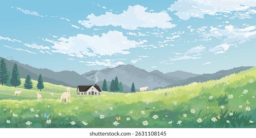 Agriculture landscape grass field hill with sheepes pack and country house have mountain ranges far away and blue sky background graphic illustration.