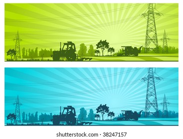 Agriculture landscape with machineries and high-voltage line, vector illustration