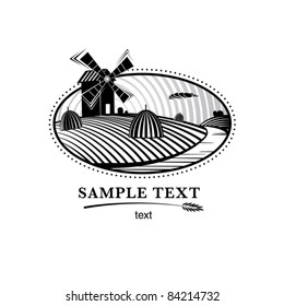 Agriculture landscape with mill, engraving  style illustration
