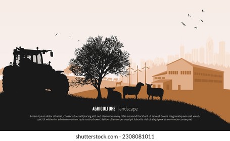 Agriculture landscape with tractor, barn and farm. Cows, horses, sheep. Banner with copy space. Silhouettes.