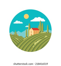 Agriculture Landscape With Vineyard. Vector Abstract Illustration In Flat Style Design. Creative Logo Template. Italian Tuscany With Rolling Hills And Valleys. Organic Product Sign.