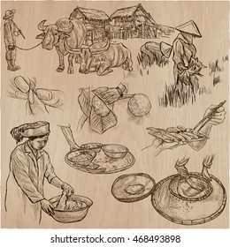 Agriculture - Life of a farmer. RICE CROP. Collection of hand drawn vector illustrations. Set of freehand sketches. Line art technique.