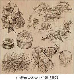 Agriculture - Life of a farmer. RICE CROP. Collection of hand drawn vector illustrations. Set of freehand sketches. Line art technique. 
