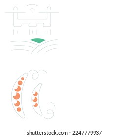 Agriculture line drawing icons Isolated on white.Sketches of food item. vegetable drawing shape icon such as wheelbarrow, broom, cabin, silo, farmer hoeing, hen, farm house, chicken coop, field, road