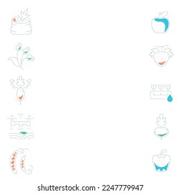 Agriculture line drawing icons Isolated on white.Sketches of food item. vegetable drawing shape icon such as wheelbarrow, broom, cabin, silo, farmer hoeing, hen, farm house, chicken coop, field, road