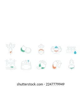 Agriculture line drawing icons Isolated on white.Sketches of food item. vegetable drawing shape icon such as wheelbarrow, broom, cabin, silo, farmer hoeing, hen, farm house, chicken coop, field, road