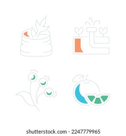 Agriculture line drawing icons Isolated on white.Sketches of food item. vegetable drawing shape icon such as wheelbarrow, broom, cabin, silo, farmer hoeing, hen, farm house, chicken coop, field, road