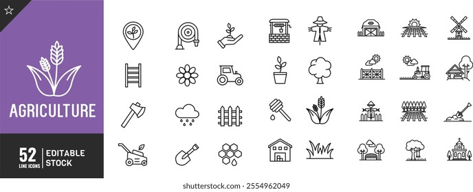  Agriculture line editable icon set. Cattle, Cow, Pig, Lamb, Chicken, Windmill, Wheat thin modern style vector illustration.