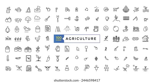 Conjunto de iconos de línea de agricultura. Tecnologías innovadoras para la gestión agrícola o agrícola: etapa de crecimiento primaveral, semillas, plántulas, sequía, pruebas de suelos, Ilustración vectorial agrícola.