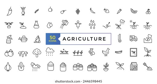 Agriculture line icon set. Innovative technologies for managing farm or agriculture. pring growth stage, seeds, seedling, drought, soil testing, agriculture vector illustration.