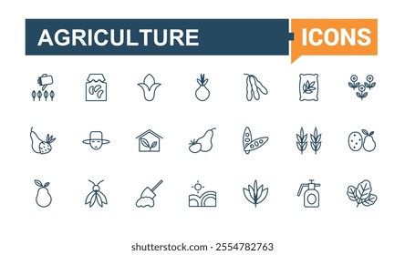 Agriculture line icons set. Contains such icons as graphic, crop, mill, tractor, sunflower, harvest, tech, land. Minimalist thin linear icon. Editable vector icon and illustration.