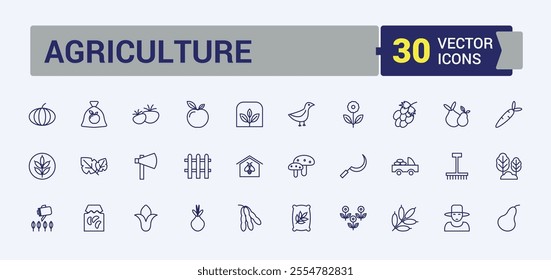 Agriculture line icons set. Contains such icons as graphic, crop, mill, tractor, sunflower, harvest, tech, land. Minimalist thin linear icon. Editable vector icon and illustration.