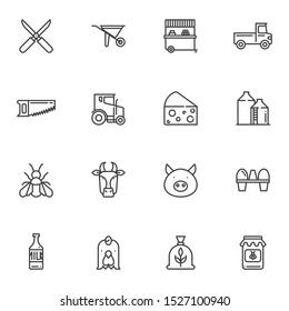 Agriculture line icons set. linear style symbols collection, outline signs pack. vector graphics. Set includes icons as wheelbarrow, tractor, truck, milk bottle, cow, pig, chicken egg, scissors, barn