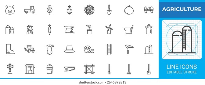 Agriculture line outline icon set pack. Vector icon art with farm sign symbol icons. Features pig, tractor, corn, onion, sunflower, shovel, tomato, silos, farmer, windmill, watering can