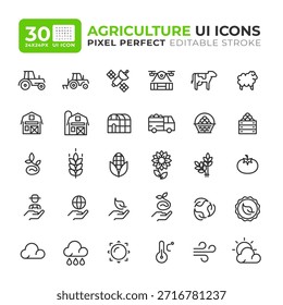 Conjunto de iconos de línea de agricultura. Cosecha de cultivos, entorno natural. Práctica sostenible. Iconografía de símbolos de contorno de Vector aislado. Elementos de interfaz de usuario lineales, píxel perfecto