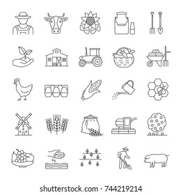 Agriculture linear icons set. Farming. Agricultural implement. Thin line contour symbols. Isolated vector outline illustrations. Editable stroke