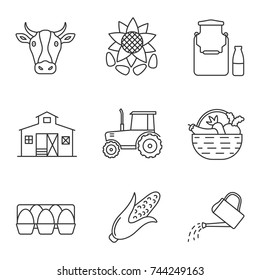 Agriculture linear icons set. Farming. Cow, sunflower with seeds, milk can, barn, tractor, vegetables, egg tray, corn, watering can. Thin line contour symbols. Isolated vector outline illustrations