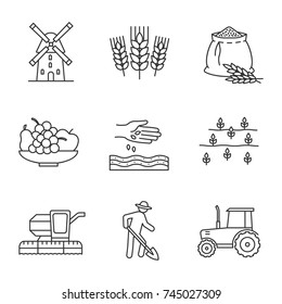 Agriculture linear icons set. Farming. Windmill, ears of wheat, flour bag, fruits, sowing, field, combine harvester, farmer, tractor. Thin line contour symbols. Isolated vector outline illustrations