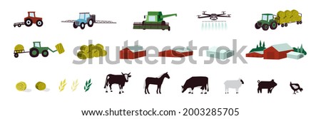Agriculture and livestock icons set. Agricultural machinery, building, farm animals, cattle, irrigation, plowing tractor, combine harvester, drone. Farming industry signs. Isolated vector illustration