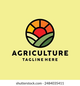 Agriculture Logo Colorful Vector, Monoline Sun Icon Symbol, Natural Creative Vintage Graphic Design