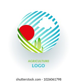 Agriculture logo. Creative organic sign. Green nature concept with field and sun