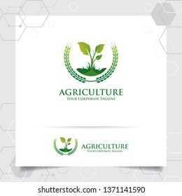 Agriculture logo design with concept of grain icon and plant leaves vector. Green nature logo used for agricultural systems, farmer, and plantation products.