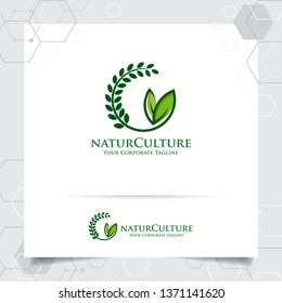 Agriculture logo design with concept of grain icon and plant leaves vector. Green nature logo used for agricultural systems, farmer, and plantation products.