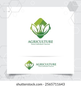 Agriculture logo design with concept of green leaves vector and nature icon. Green nature logo used for agricultural systems, farmer, and plantation products.