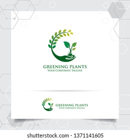 Agriculture logo design with concept of hand icon and plants vector. Green nature logo used for agricultural systems, farmer, and plantation products.