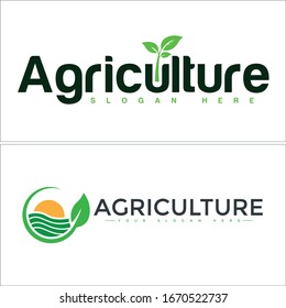 Agriculture logo design lettering icon leaf plant sun circle wave land field symbol nature for environmental farm family garden herbal organic health