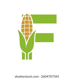 Agriculture Logo Design On Letter F With Corn Symbol for Farm Logo Template