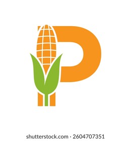 Agriculture Logo Design On Letter P With Corn Symbol for Farm Logo Template