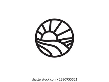 agriculture logo design, sun river vector icon illustration