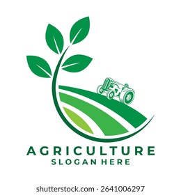 Agriculture logo design vector template. Leaf with Tractor and Field logo design vector