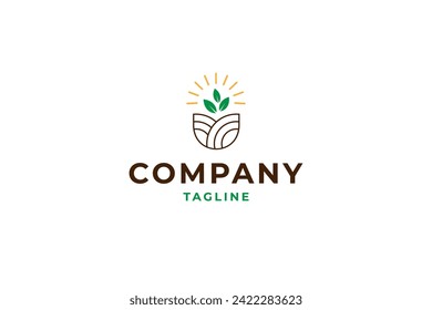 agriculture logo with glowing leaf plants and fields in line art design style