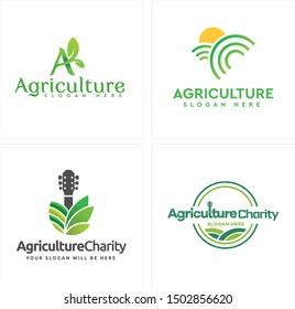 Agriculture logo with green initial A leaf landscape sun and guitar illustration vector suitable for relaxation entertainment community resort