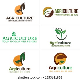 Agriculture logo with leaf round dot curve green brown vector suitable for environmental farm gardening business