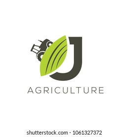 Agriculture logo letter J. Tractor icon. Green food emblem