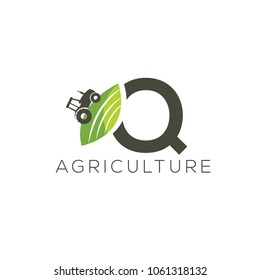 Agriculture logo letter Q. Tractor icon. Green food emblem