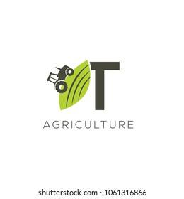 Agriculture logo letter T. Tractor icon. Green food emblem