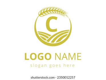 Agriculture Logo On C Letter Concept. Wheat Logo For Agriculture Symbol Vector Template.