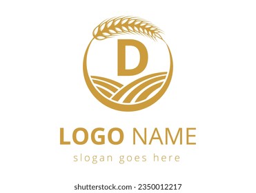 Agriculture Logo On D Letter Concept. Wheat Logo For Agriculture Symbol Vector Template.