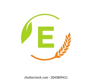 Agriculture Logo On E Letter Concept. Agriculture and farming logo design. Agribusiness, Eco-farm and rural country design with E letter Template