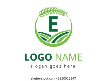 Agriculture Logo On E Letter Concept. Wheat Logo For Agriculture Symbol Vector Template.